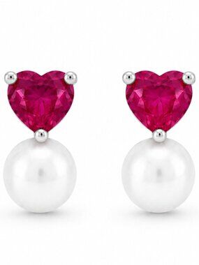 Lab Rubies & Genuine Pearls Earrings .925 Silver